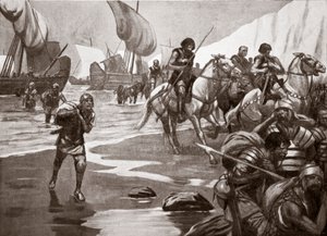 O Segundo Desembarque de César, 54 a.C., ilustração de "Hutchinson