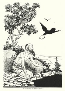 Elias alimentado pelos corvos (litografia) de Thomas Heath Robinson