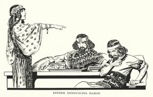 Ester a denunciar Hamã (litografia) de Thomas Heath Robinson