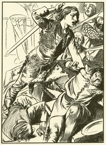Hereward e os seus homens atacam os normandos (gravura) de Thomas Heath Robinson