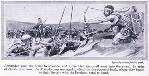 Como Alexandre conquistou o seu império: Dario, rei da Pérsia, reuniu um grande exército, que foi derrotado pelos macedónios em 334 a.C., c.1950 (litografia) de Thomas Heath Robinson