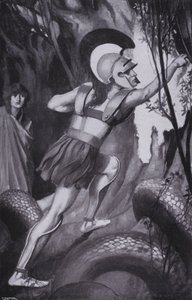 Jasão saltou para a frente . . . e arrancou o velo do tronco da árvore (litografia) de Thomas Heath Robinson