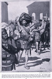 Saquear o tesouro de uma cidade: Alexandre tornou-se senhor da Pérsia. Carregou todos os tesouros de Persépolis para se tornar muito rico, c.1950 (litografia) de Thomas Heath Robinson