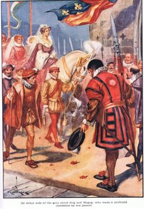 De um lado e do outro da porta, Gog e Magog, que fizeram uma profunda reverência à sua passagem (litografia a cores) de Thomas Heath Robinson