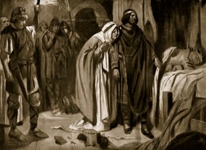 Rainha Ethelburga persuadindo Ine de Wessex a renunciar à coroa, 728, ilustração de "Hutchinson