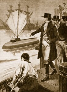 Robert Fulton em França, mostrando o seu submarino "Nautilus" em funcionamento (litografia)