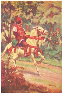 Robin e o seu companheiro viram o mestre Patrington a cavalgar na sua direção (litografia a cores) de Thomas Heath Robinson