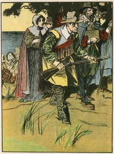 Os Padres Peregrinos a entrar no Novo Mundo (litografia a cores) de Thomas Heath Robinson