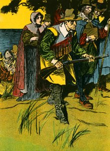 Os Padres Peregrinos a entrar no Novo Mundo (litografia a cores) de Thomas Heath Robinson