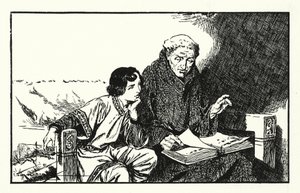 O futuro rei Alfredo a ser educado (litografia) de Thomas Heath Robinson