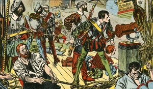 O pequeno "Revenge" combate cinquenta galeões espanhóis (litografia a cores) de Thomas Heath Robinson