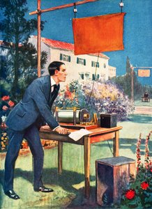 Telegrafia sem fios, uma das primeiras experiências de Marconi (litografia a cores) de Thomas Heath Robinson