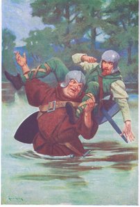 Com um puxão das suas grandes mãos, atirou o fora da lei para a ribeira (litografia a cores) de Thomas Heath Robinson