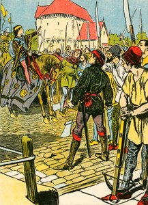 O jovem rei Ricardo reprime a rebelião (litografia a cores) de Thomas Heath Robinson