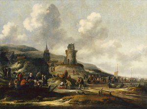 Uma vista de Scheveningen com pescadores vendendo suas capturas de Thomas Heeremans
