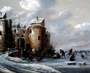 Uma Paisagem de Inverno com Skaters por um Portão Fortificado