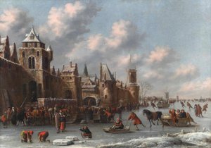Paisagem de inverno com figuras a patinar e a andar de trenó num fosso congelado junto a uma cidade fortificada de Thomas Heeremans