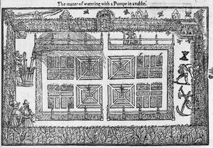 O maner de regar com um pumpe em um tubbe, de The Gardeners Labyrinth, 1577 de Thomas Hill