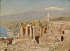 Vista das Ruínas do Teatro Grego de Taormina e do Monte Etna, Sicília de Thomas Hiram Hotchkiss