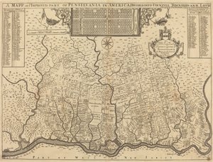 Um mapa de vocês melhorou parte da Pensilvânia na América, dividida em condados, municípios e lotes de Thomas Holme