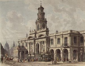 A View of The Royal Exchange, Cornhill, gravada por Daniel Havell (1785-1826), pub. 1816 por Ackermann
