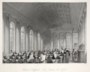 Banco da Inglaterra - escritório de cinco notas da libra, do pub &39;Londres interiores com seus trajes e cerimônias&39;. Joseph Mead, Londres, c.1843 (gravura em aço) de Thomas Hosmer Shepherd