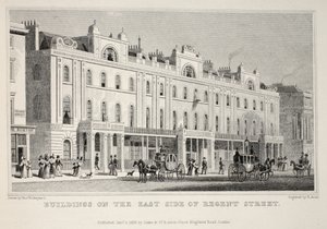 Edifícios no East Side de Regent Street, do pub "London and its Environs in the 19th Century". Jones und Co., 1827-1829