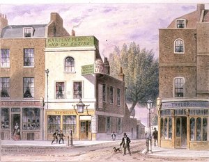 Red Lion Inn esculpido, Islington Green, data na casa 1660 de Thomas Hosmer Shepherd
