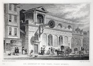 Igreja de St Dunstan, no oeste, Fleet Street, do pub "London and its Environs in the 19th Century". Jones und Co., 1827-1829 de Thomas Hosmer Shepherd