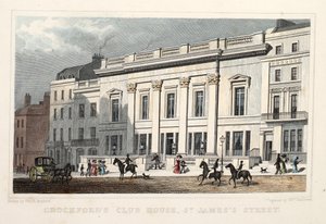 Crockfords Club House, St. James Street. Bar. 1828 (gravura colorida à mão) de Thomas Hosmer Shepherd