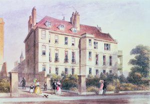 Entrada para a Queen Square a partir do parque, com vista para a casa de Jeremy Bentham de Thomas Hosmer Shepherd
