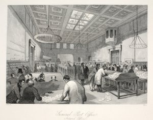 General Post Office, Inland Office, do pub "London Interiors with Costumes and Ceremonies". Joseph Mead, Londres, c.1843 (gravura em aço) de Thomas Hosmer Shepherd