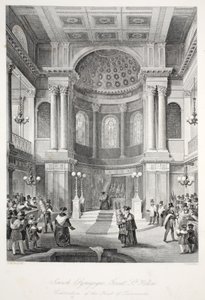 Sinagoga Judaica, Great St Helens, do pub "London Interiors with Costumes and Ceremonies". Joseph Mead, Londres, c.1843 (gravura em aço) de Thomas Hosmer Shepherd