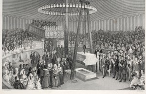 Colocando a primeira pedra do New Royal Exchange, do pub "London Interiors with Costumes and Ceremonies". Joseph Mead, Londres, c.1843 (gravura em aço) de Thomas Hosmer Shepherd