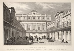 NW Vista do London Horse and Carriage Repository, na Gray&39;s Inn Road, do pub "Londres e seus arredores no século XIX". Jones und Co., 1827-1829 de Thomas Hosmer Shepherd