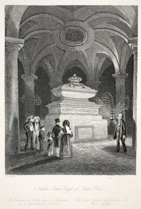 Túmulo de Nelson na Cripta de São Paulo, do pub "Interiores de Londres com suas fantasias e cerimônias". Joseph Mead, Londres, c.1843 (gravura em aço) de Thomas Hosmer Shepherd
