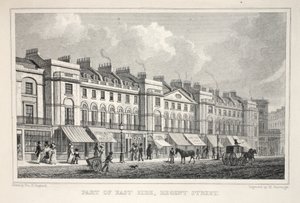 Parte do East Side, Regent Street, do pub "London and its Environs in the 19th Century". Jones und Co., 1827-1829 de Thomas Hosmer Shepherd