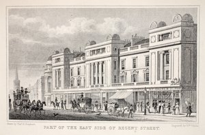 Parte do East Side da Regent Street, do pub "London and its Environs in the 19th Century". Jones und Co., 1827-1829 de Thomas Hosmer Shepherd