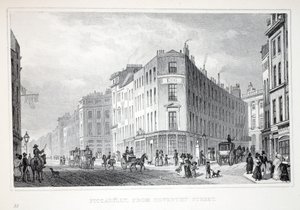 Piccadilly, da Coventry Street, do pub "London and its Environs in the 19th Century". Jones und Co., 1827-1829 de Thomas Hosmer Shepherd