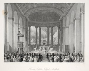 Capela católica romana, Moorfields, do pub "London Interiors with their Costumes and Ceremonies". Joseph Mead, Londres, c.1843 (gravura em aço) de Thomas Hosmer Shepherd