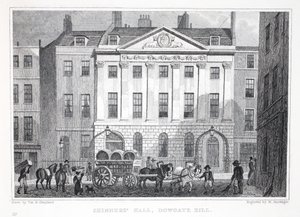 Salão de Skinner, Dowgate Hill, do pub "London and its Environs in the 19th Century". Jones und Co., 1827-1829 de Thomas Hosmer Shepherd