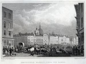 Mercado de Smithfield do Barrs, gravado por Thomas Barber, c.1830 de Thomas Hosmer Shepherd