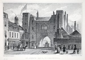Portão de St Johns, Clerkenwell, do pub "London and its Environs in the 19th Century". Jones und Co., 1827-1829 de Thomas Hosmer Shepherd