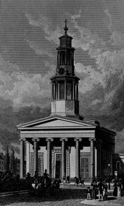 Igreja de St. Pancrass, West Front, gravada por James Tingle 1827 de Thomas Hosmer Shepherd