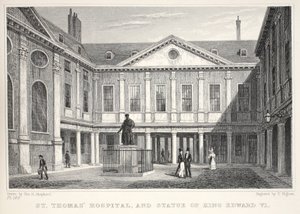O hospital de St Thomas e a estátua do rei Edward VI, do pub "Londres e seus arredores no século XIX". Jones und Co., 1827-1829 de Thomas Hosmer Shepherd