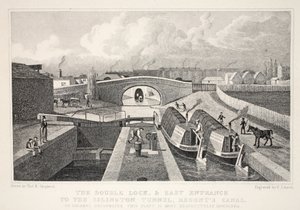 O Double Dock e a entrada leste do Islington Tunnel, Regent&39;s Canal, do pub "London and its Environs in the 19th Century". Jones und Co., 1827-1829 de Thomas Hosmer Shepherd