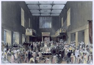 A Câmara dos Lordes, Sua Majestade, abrindo a Sessão do Parlamento, gravada por Henry Melville (fl.1826-41), c.1840 de Thomas Hosmer Shepherd
