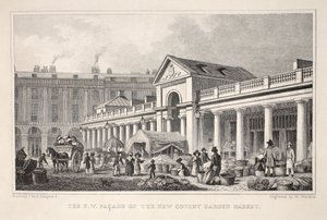 A fachada NW do novo mercado de Covent Garden, do pub "London and its Environs in the 19th Century". Jones und Co., 1827-1829 de Thomas Hosmer Shepherd