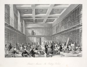 A Sala de Leitura e a Biblioteca do British Museum, do pub "London Interiors with Costumes and Ceremonies". Joseph Mead, Londres, c.1843 (gravura em aço) de Thomas Hosmer Shepherd