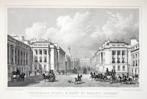 Waterloo Place, e parte da Regent Street, do pub "London and its Environs in the 19th Century". Jones und Co., 1827-1829 de Thomas Hosmer Shepherd